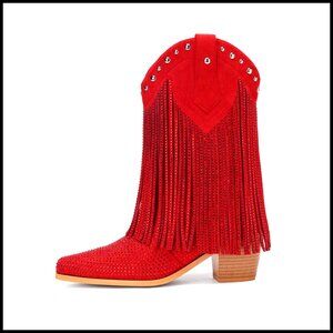 Rhinestone Fringe Cowgirl Ankle Boots Chunky Heel Pull On Tassel Booties